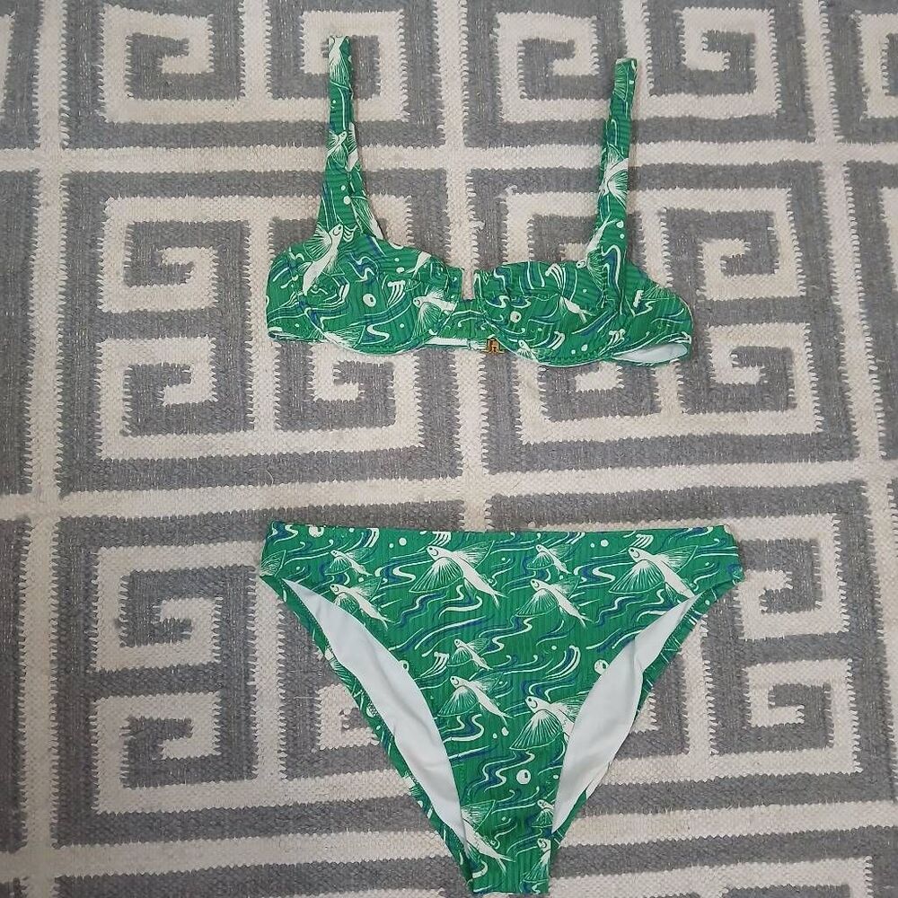 Fisch womens small one piece swimsuit bikini green white flying fishes Italian